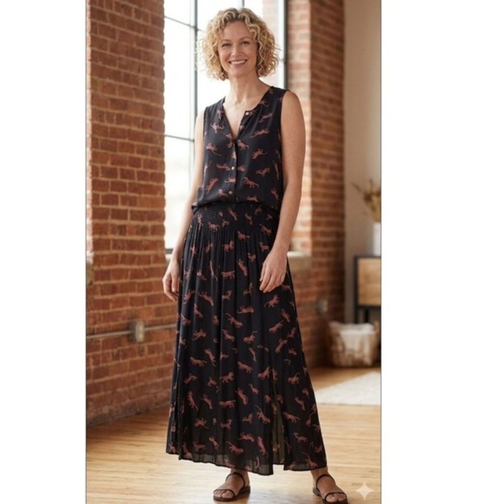 Carole Little Vtg 90s Jungle Print Top & Skirt Set Size 12 Linen Blend Vacation